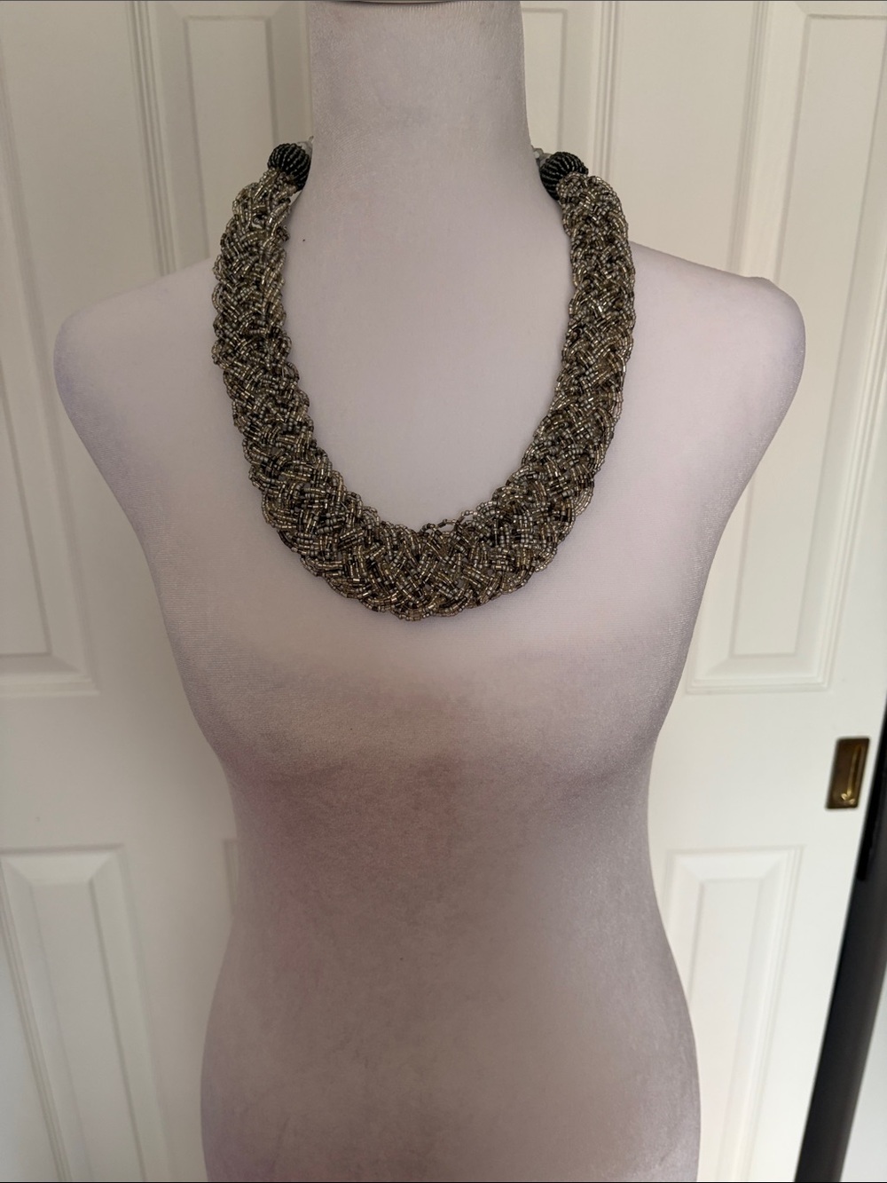 Braided Beaded Metallic Statement Necklace -Grey and Silver Tones